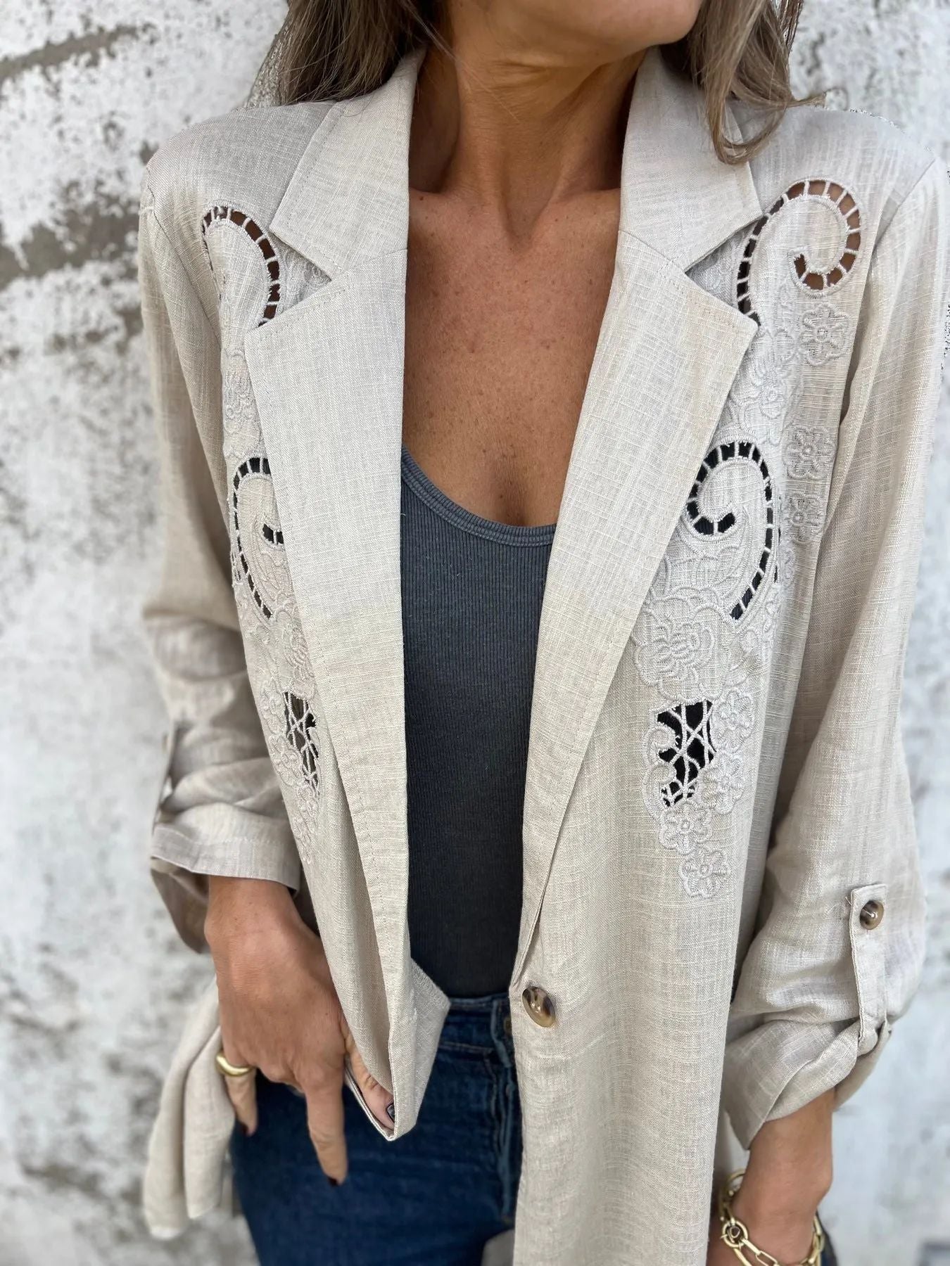 Street-Wave Embroidered Lace Blazer For Women With Subtle Cutouts Classic Yet Refined