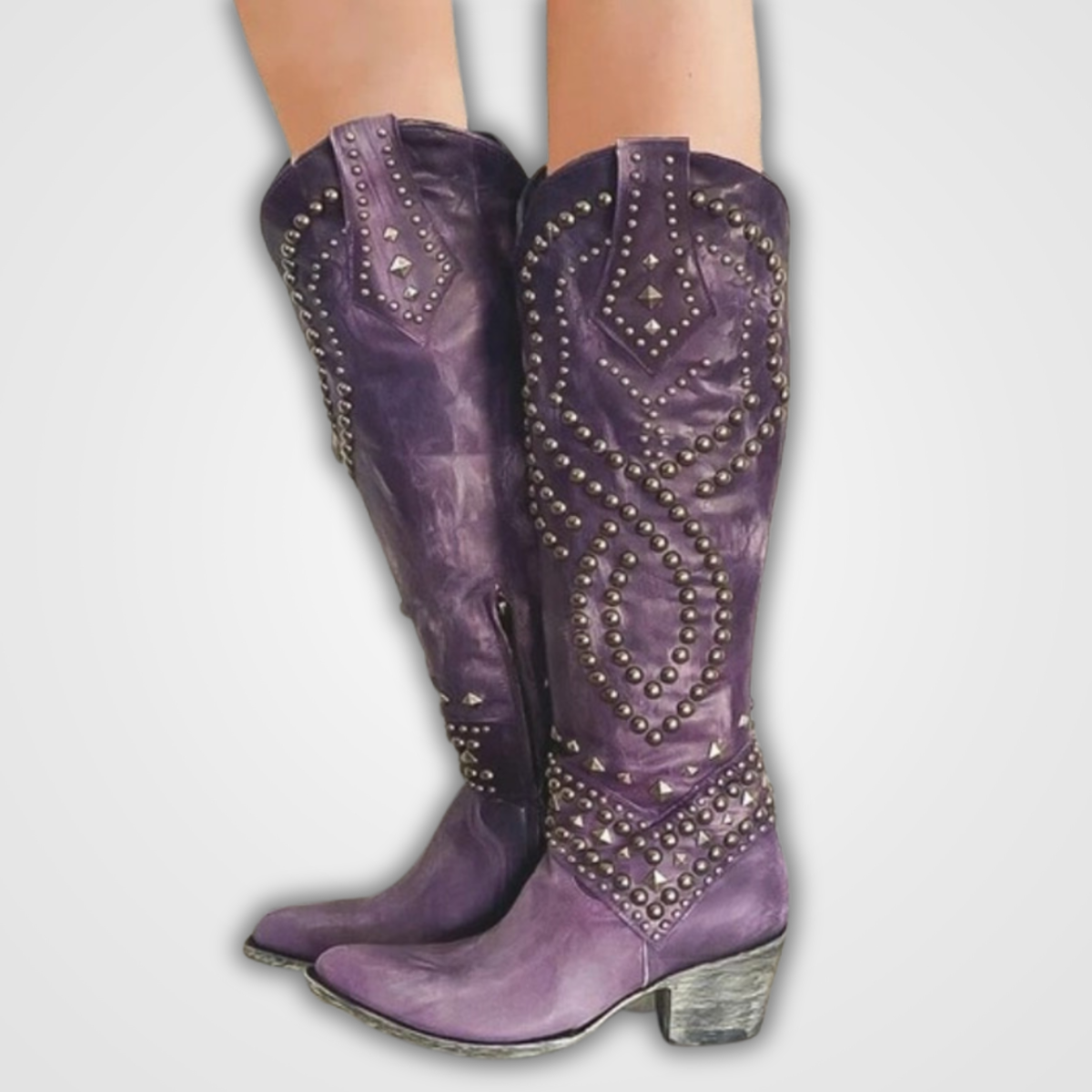 Street Wave Studded Knee High Boots for Women Stylish Slip On Western Style With Block Heel