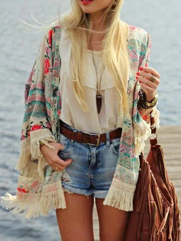 Street-wave Boho Floral Knit Cardigan Open Front Lightweight Breathable Wrinkle Resistant For Outdoor Lovers