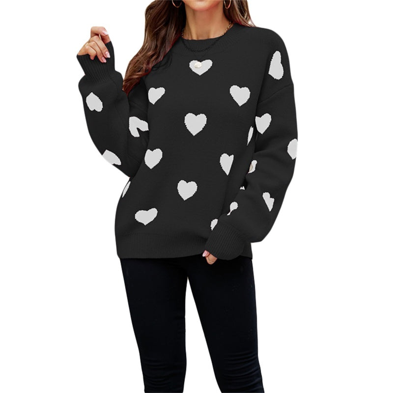 Street Wave Heart Motif Knit Sweater For Women Cozy Soft Warmth Ideal For Cold Weather Trendy Casual Look