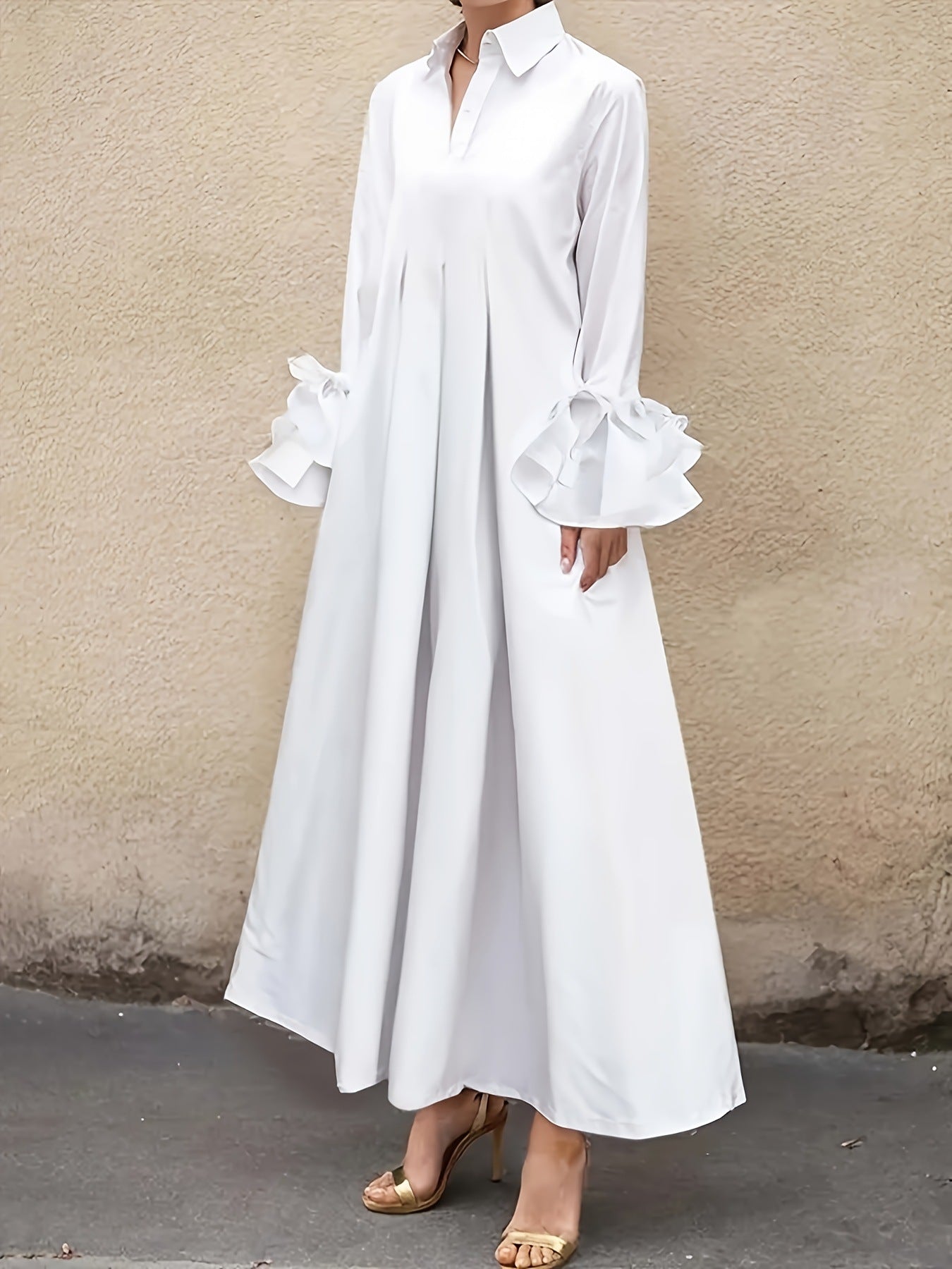 Street-wave Women's Long Shirt Dress With Dramatic Ruffle Sleeves Elegant Everyday Essential