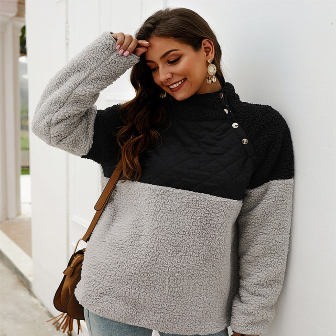 Street-wave Women's High Collar Sherpa Sweatshirt Cozy Patchwork Fleece Winter Comfort
