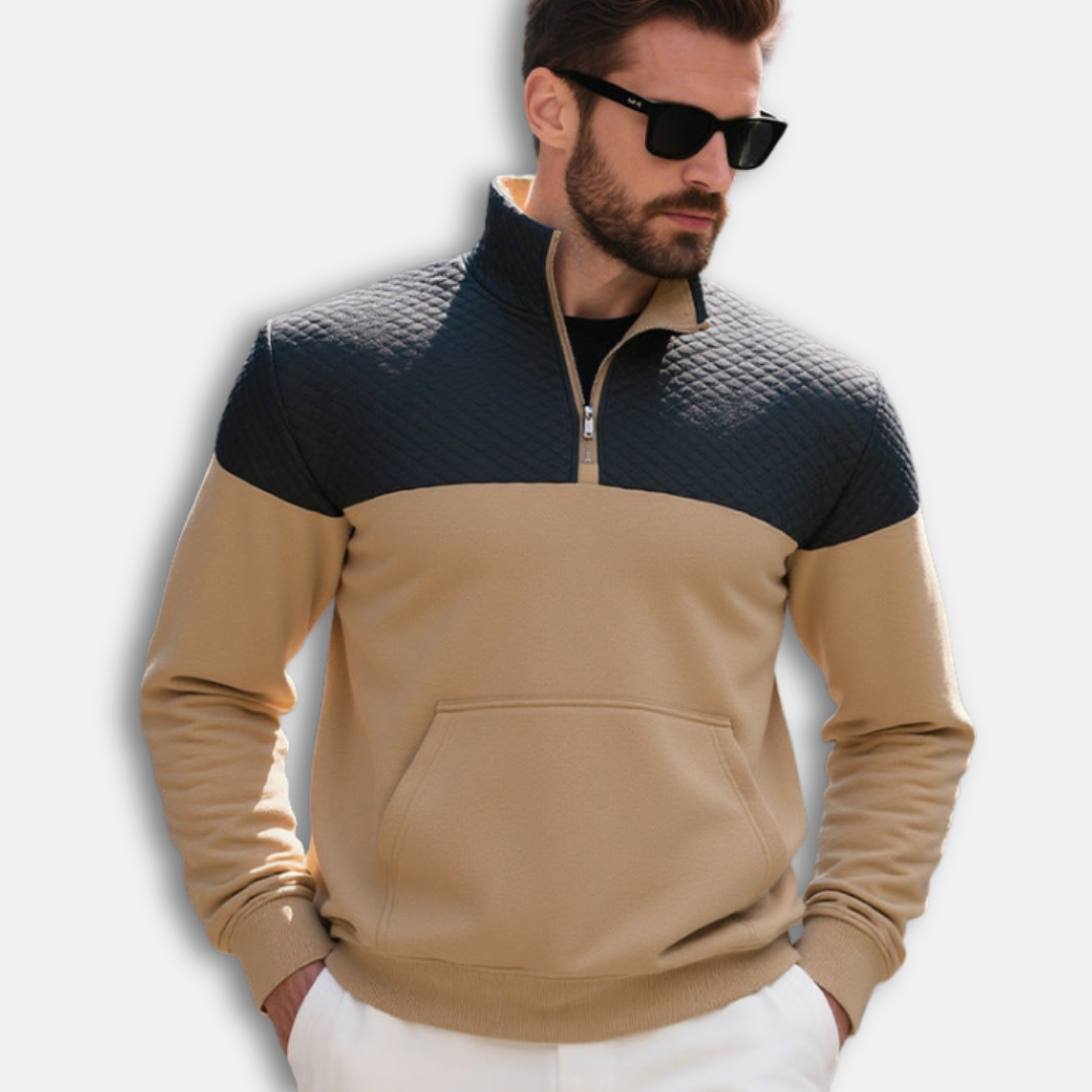 Men's Cotton Blend Sweatshirt With Stand Collar Half Zip And Quilted Diamond Pattern