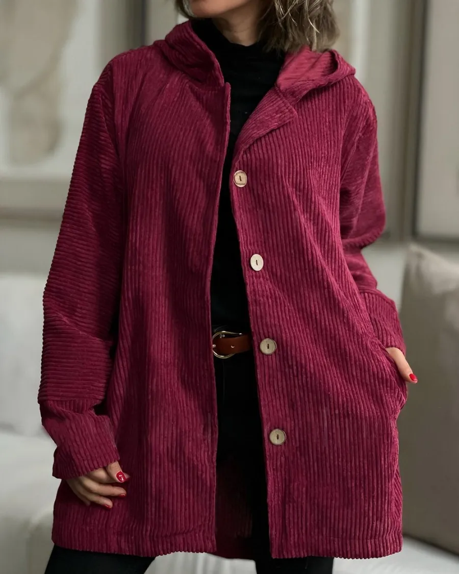 Street-wave Oversized Hoodie for Women With Corduroy Texture And Button Closure All Day Comfort