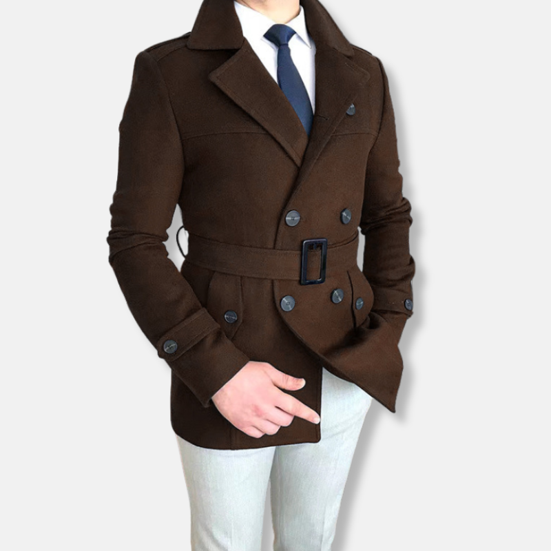 Nordisk Flair Mens Short Wool Blend Double Breasted Belted Jacket Tailored Fit Burgundy