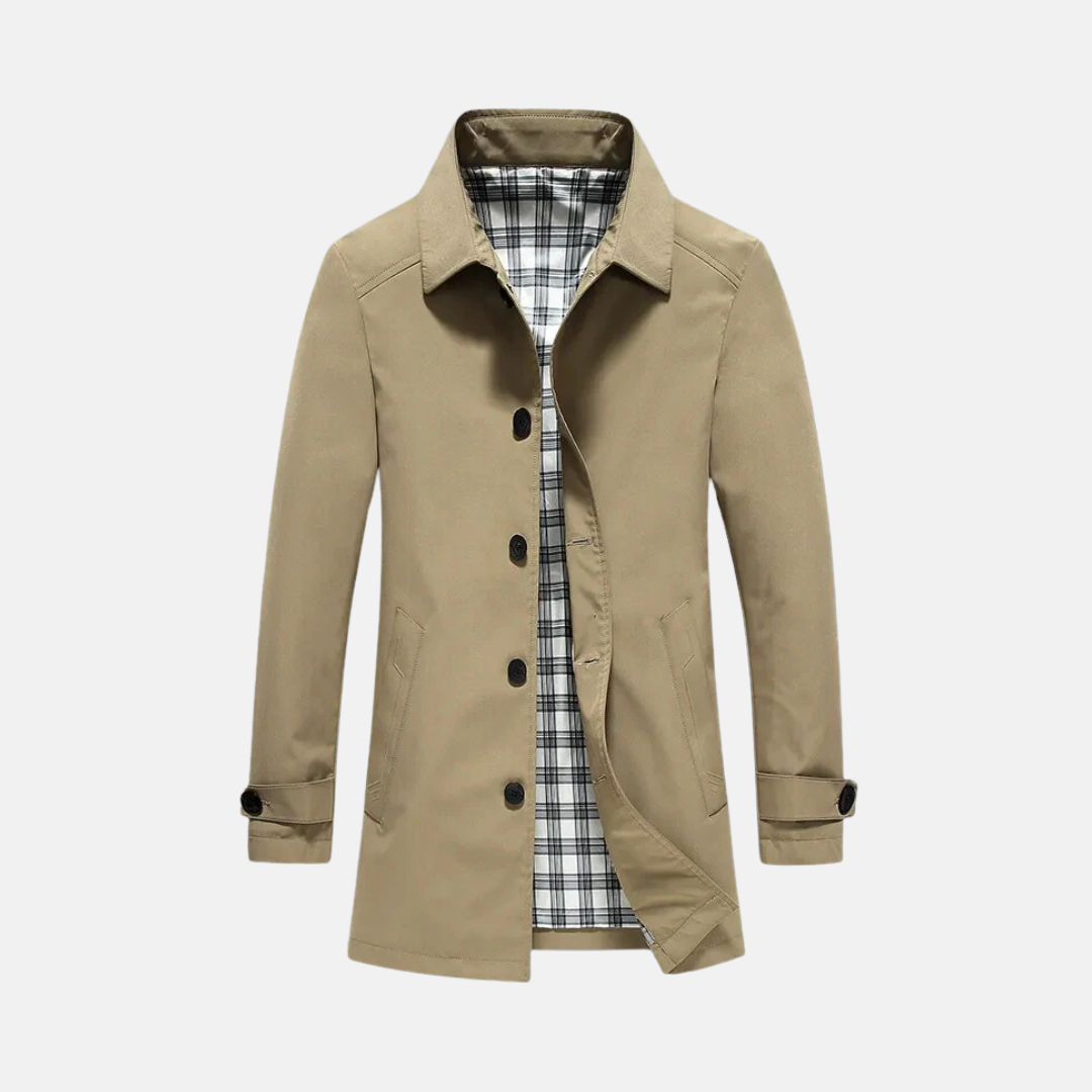 Men's Mid Length Jacket With Plaid Lining, Button Closure, Lapel Collar, Slim to Regular Fit