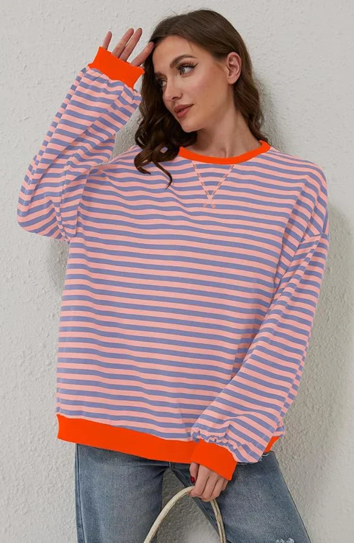 Street Wave Striped Crewneck Sweater For Women Cozy Soft Oversized Long Sleeve Knit