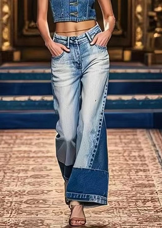 Art Denim bleu poches taille haute Patchwork pantalon court été - Street-Wave