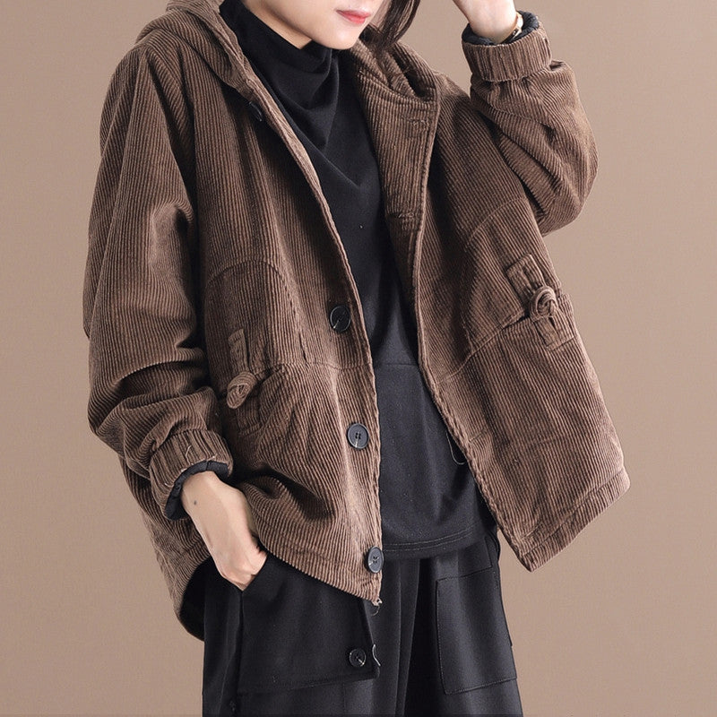 Street-wave Corduroy Hooded Jacket For Women Cozy Warm Insulated Coat With Deep Pockets And Soft Lining