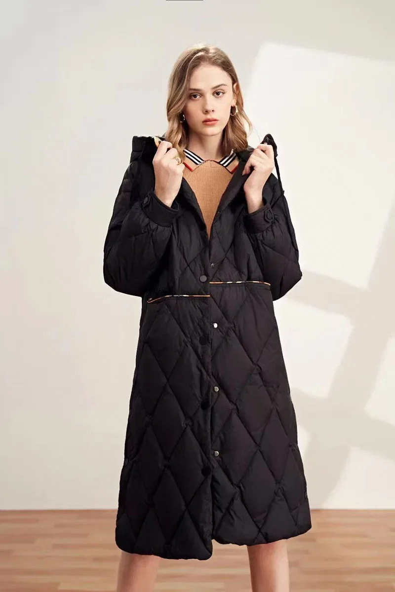Street-wave Diamond Quilted Long Coat With Hood For Women Warm Winter Protection