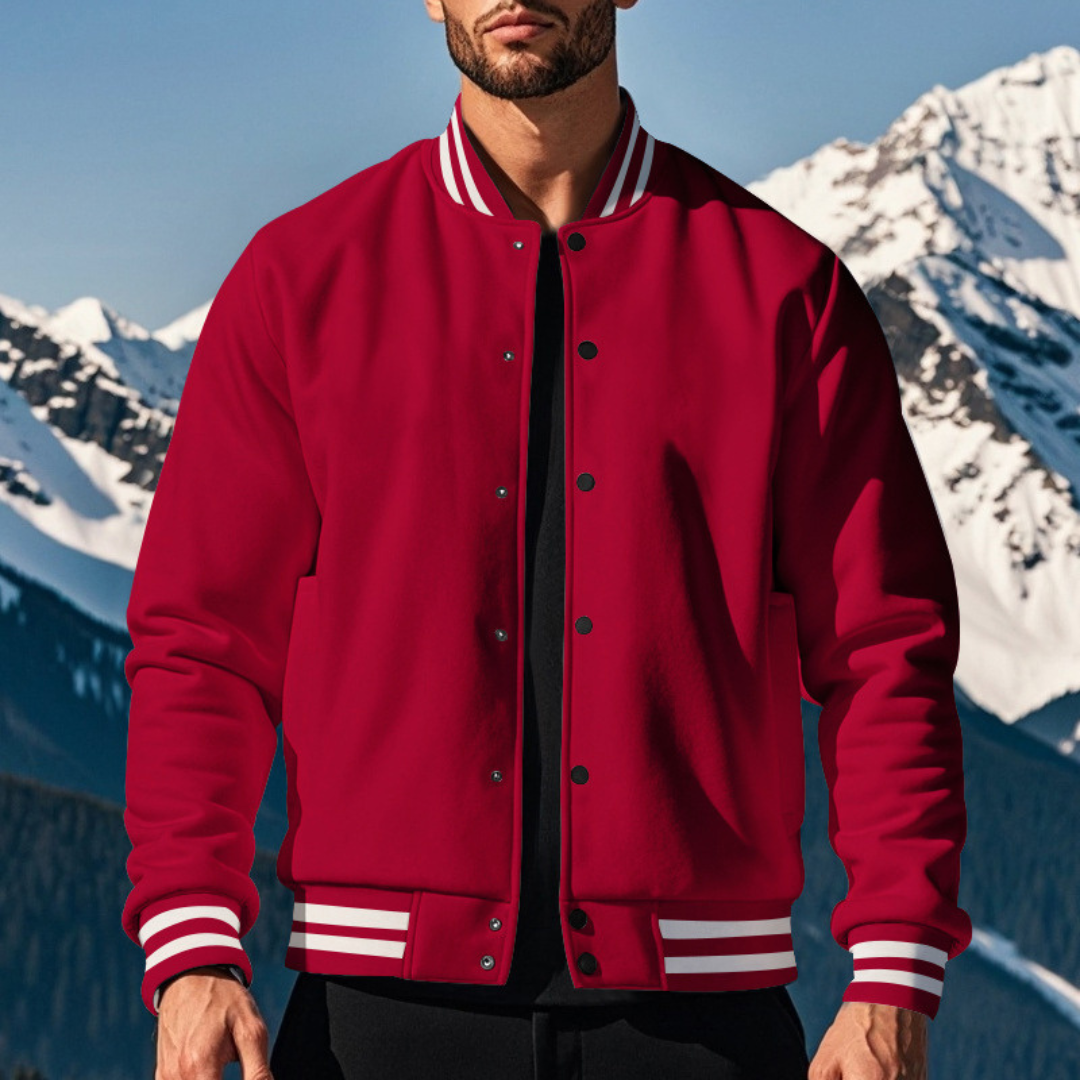 Men's Dense Smooth Fabric Bomber Jacket With Stand Collar And Snap Button Closure