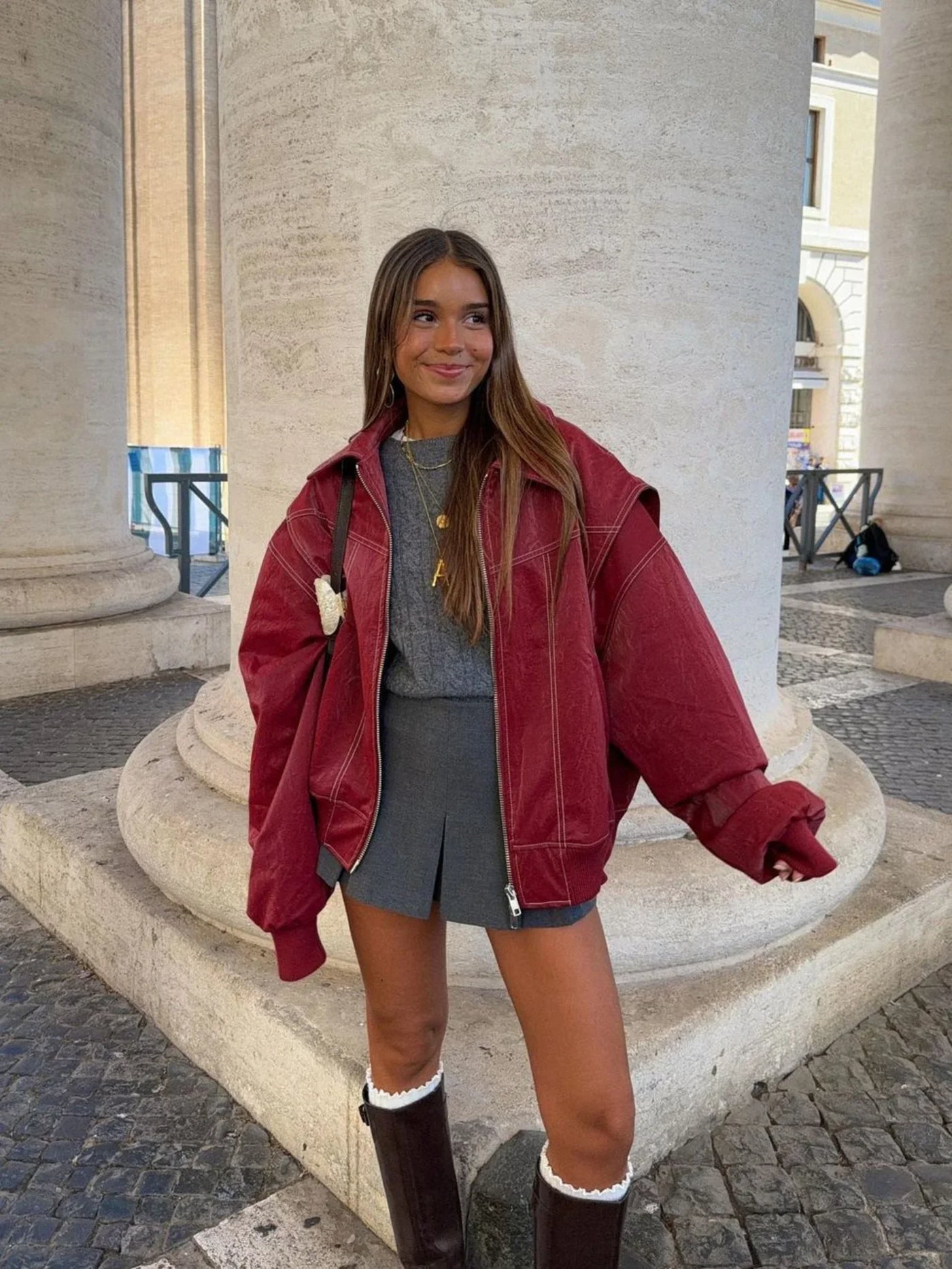 Street-wave Plus Size Zip Jacket In Bold Red With Elegant Leather Look Finish For Curvy Women