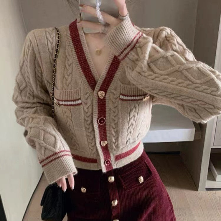 Street-Wave Womens Short Knit Cardigan With Elegant Modern Versatile Contrast Trim And Gold Buttons