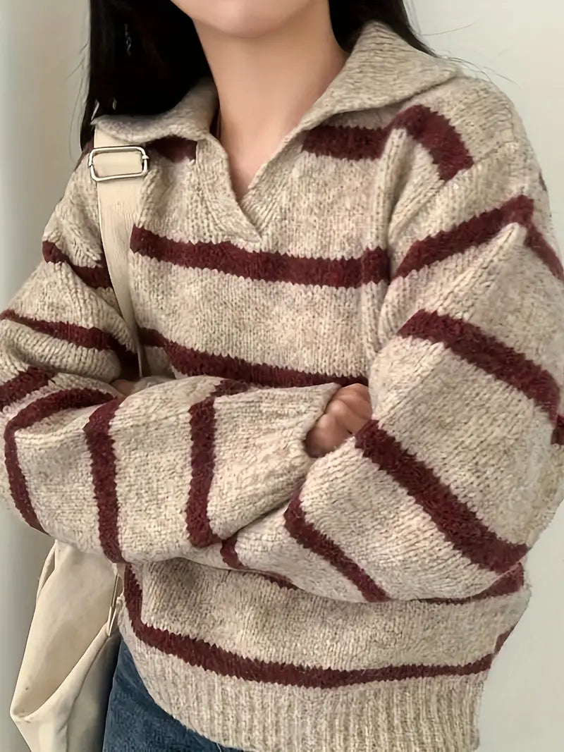 Street-wave Striped V-Neck Knit Sweater for Women, Cozy Comfort, Timeless Style Everyday Wear