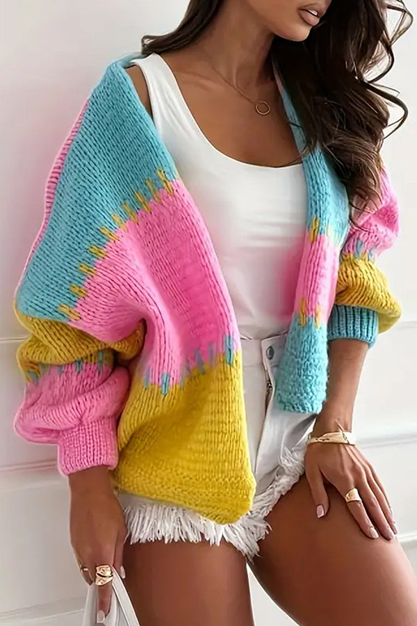 Street-wave Cozy Chunky Cardigan With Contrast Seam Details For Women On Vacation