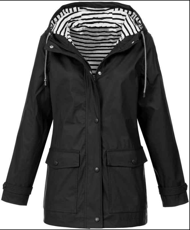 Street-Wave Women's Red Rain Jacket With Striped Lined Hood Waterproof Shell Adjustable Drawstrings Durable Pockets