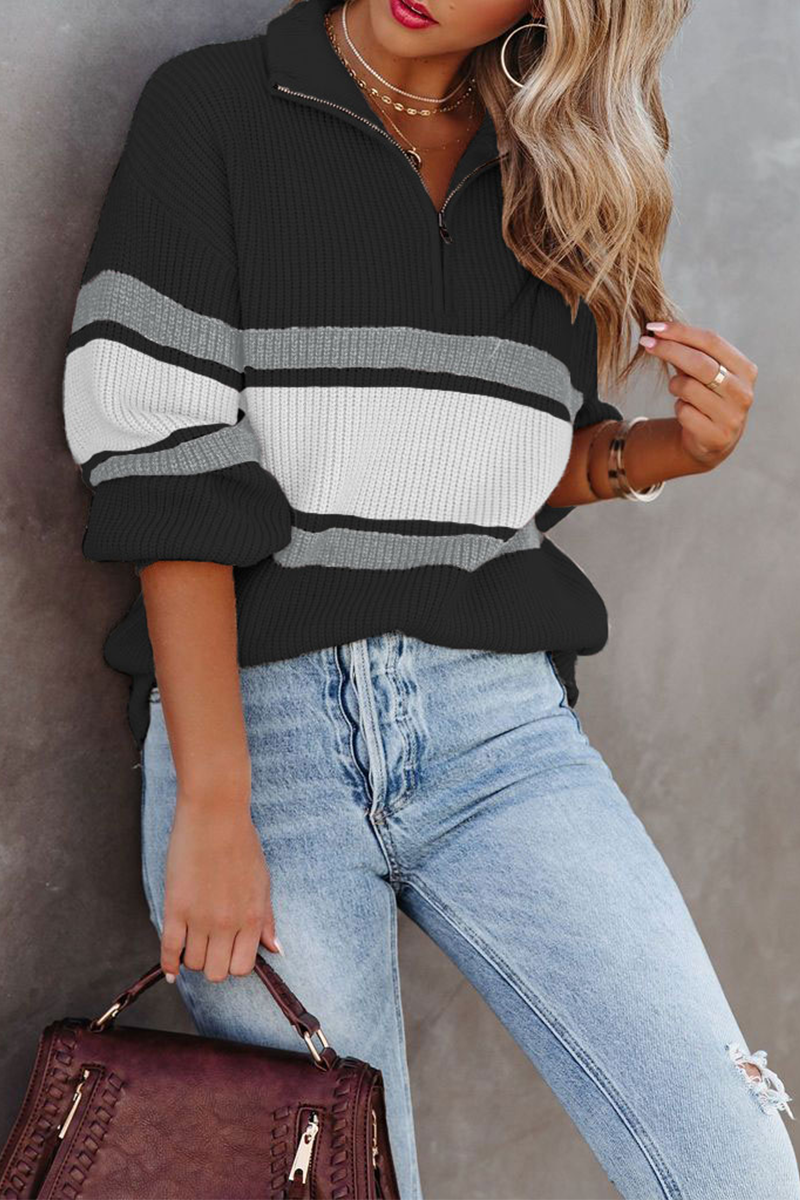 Street-wave Patchwork Zip Collar Sweater for Women Cozy Knit Pullover With Artful Panels