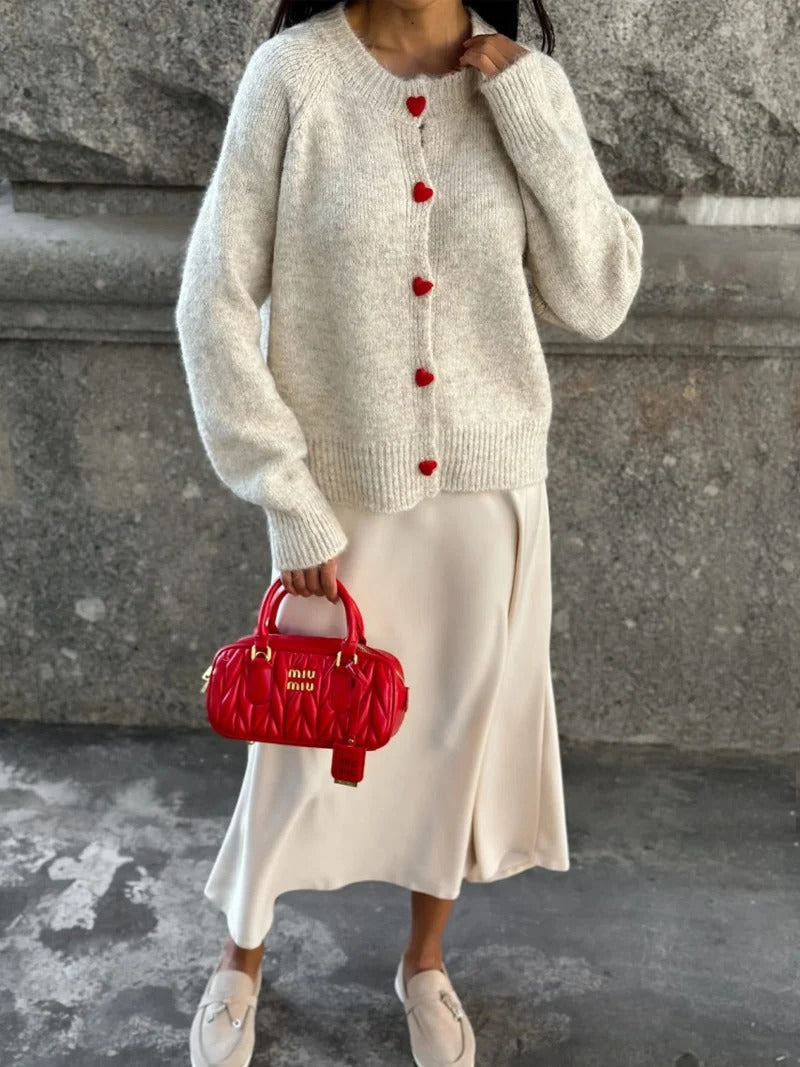 Street-wave Cozy Knit Cardigan With Soft Plush Warmth And Heart Buttons For Women
