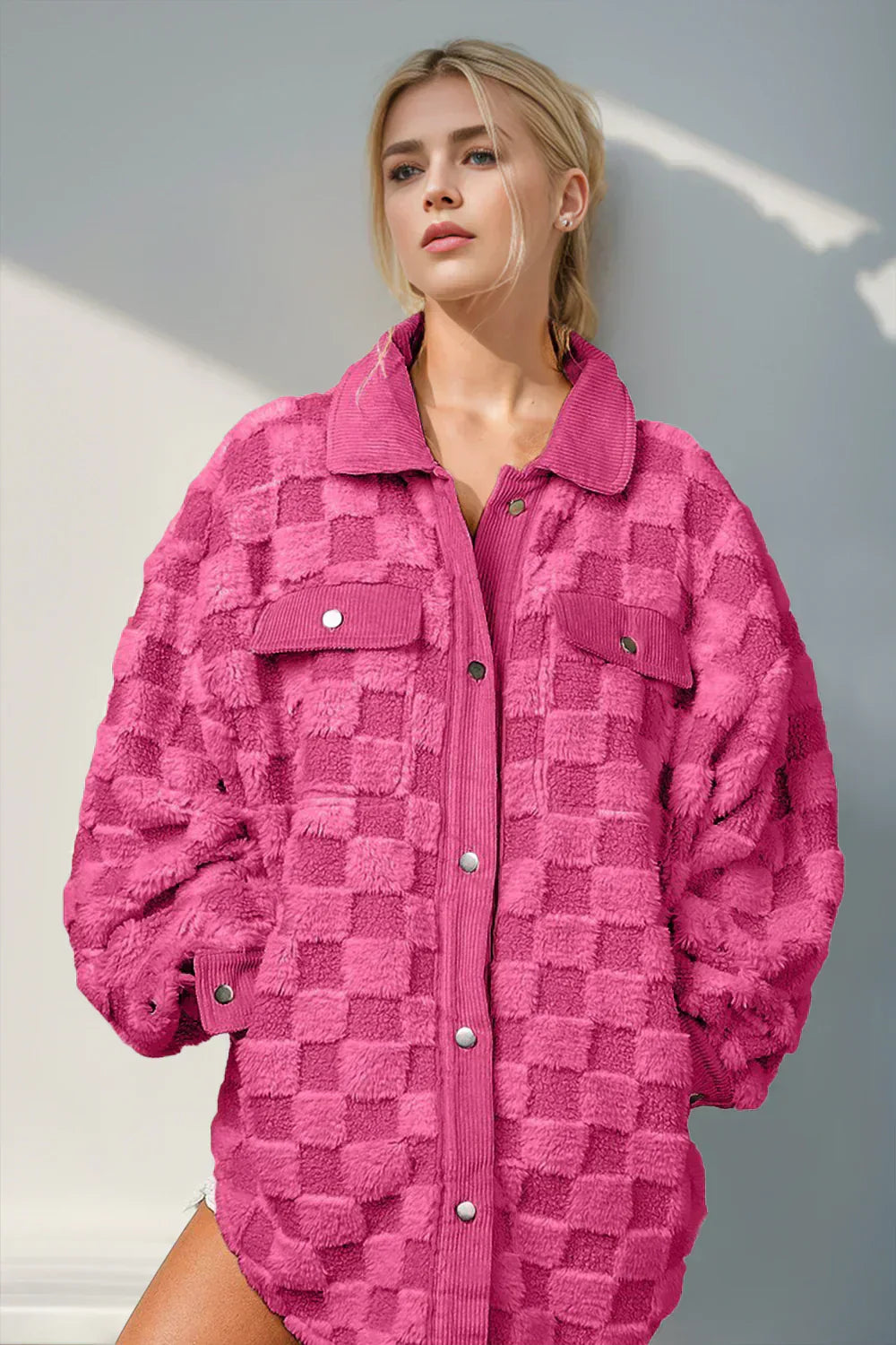 Street-Wave Cozy Checkered Coat With Button Closure For Plus Size Women Soft And Versatile