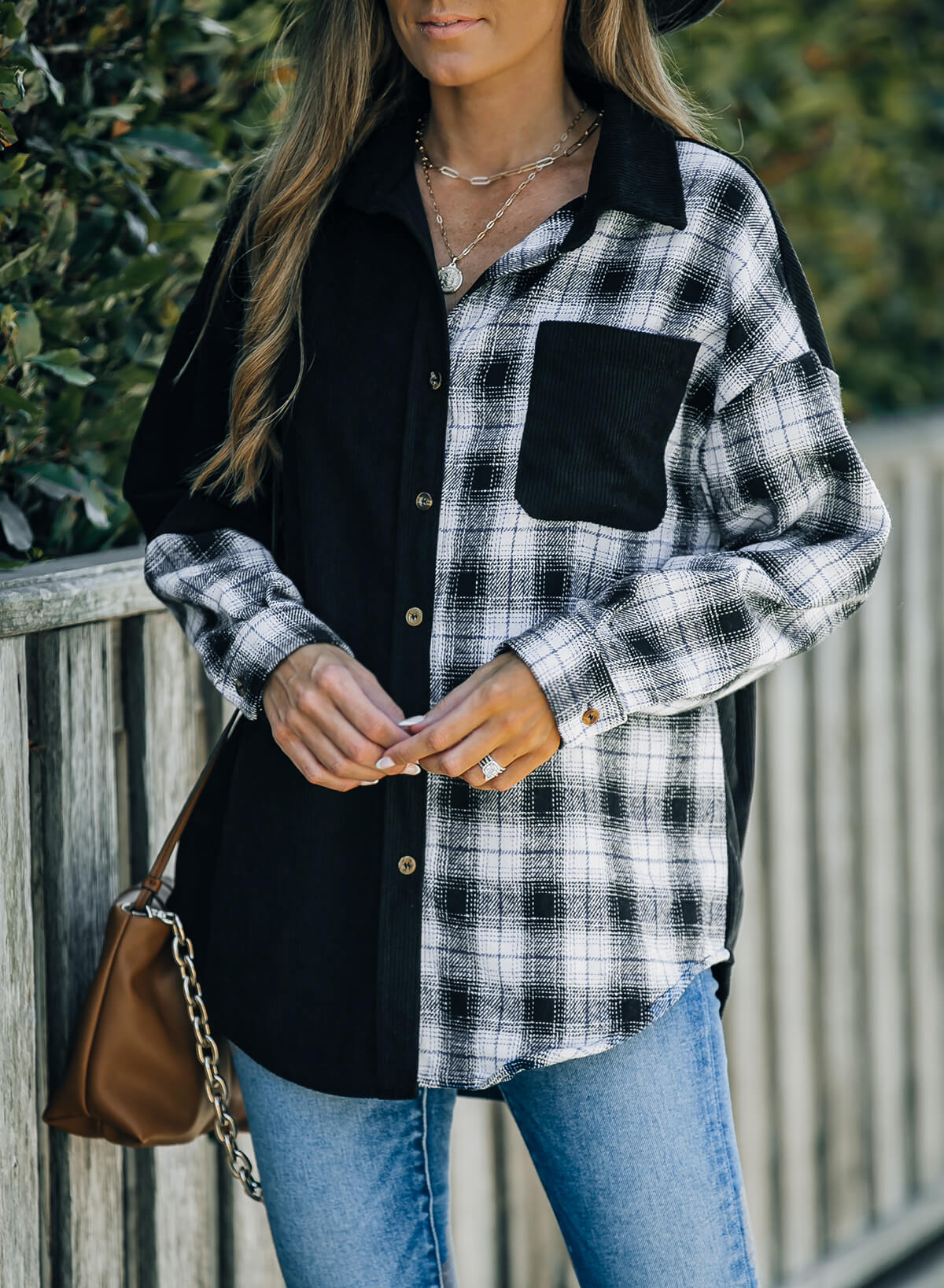 Street Wave Corduroy Shacket For Women Plaid Colorblock Button Front Cozy Casual
