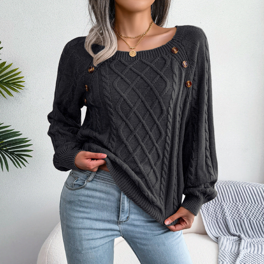 Street-wave Square Neck Cable Knit Sweater For Women Cozy Chic Pullover Wardrobe Essential For Everyday Casual Style