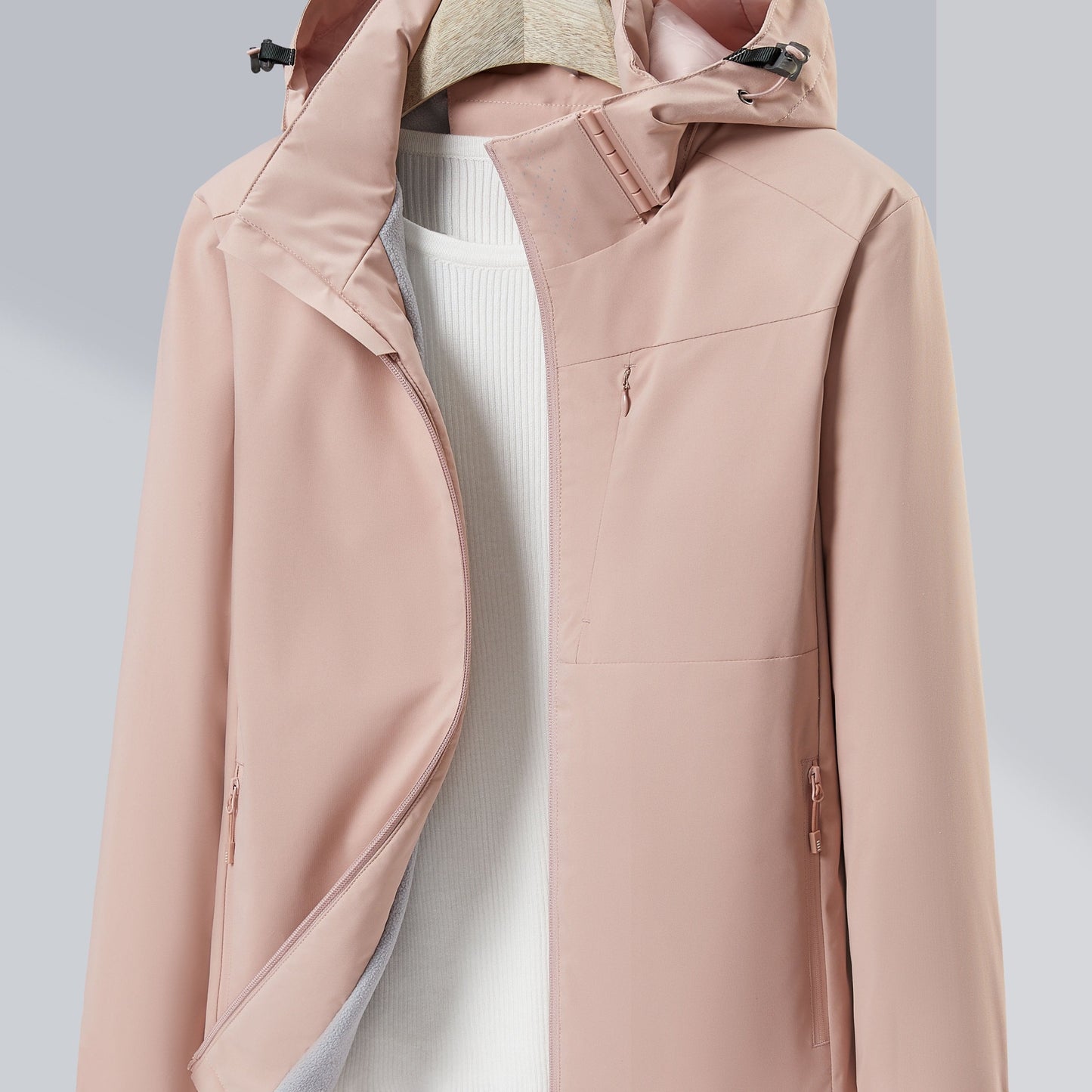Street Wave Waterproof Hooded Jacket With Fleece Lining And Windproof Outer Pocket For Active Women