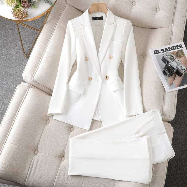 Street-wave Elegant Two-Piece Women's Suit With Double-Breasted Jacket And Matching Trousers, Chic Officewear