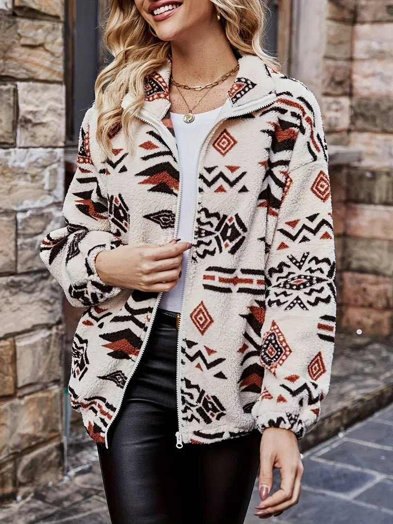 Street-wave Fleece Jacket For Women With Geometric Pattern Elegant Cozy Warmth And Durable Comfort