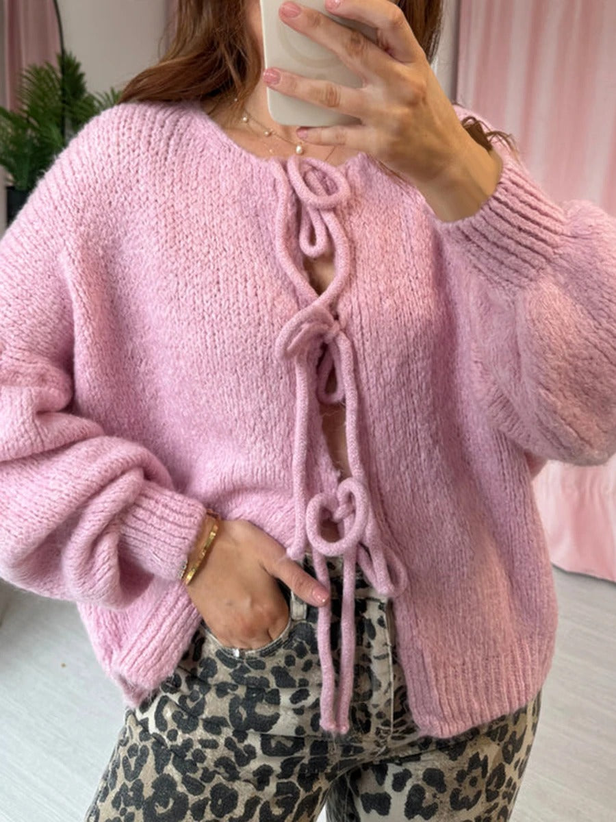 Street-Wave Soft Pink Knit Cardigan With Tie Front Bow, Cozy Warm Womens Sweater