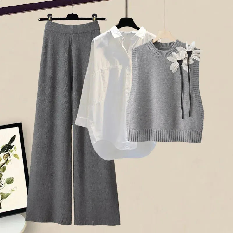Street-wave Three Piece Knit Set for Women - Cozy Autumn Winter Layering with White Shirt and Black Wide-Leg Pants