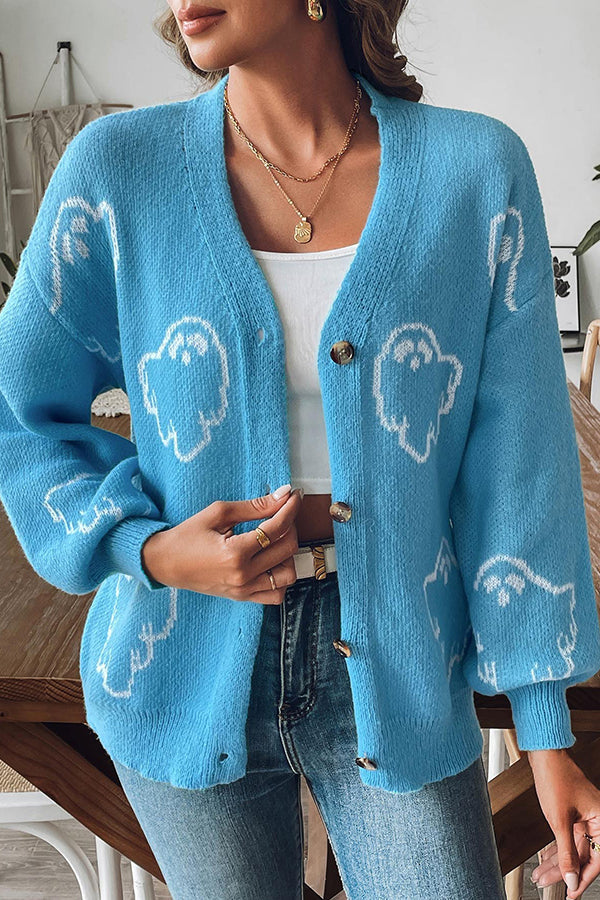 Street-wave Halloween Ghost Knit Cardigan For Women With Button Front Cozy Blue Style