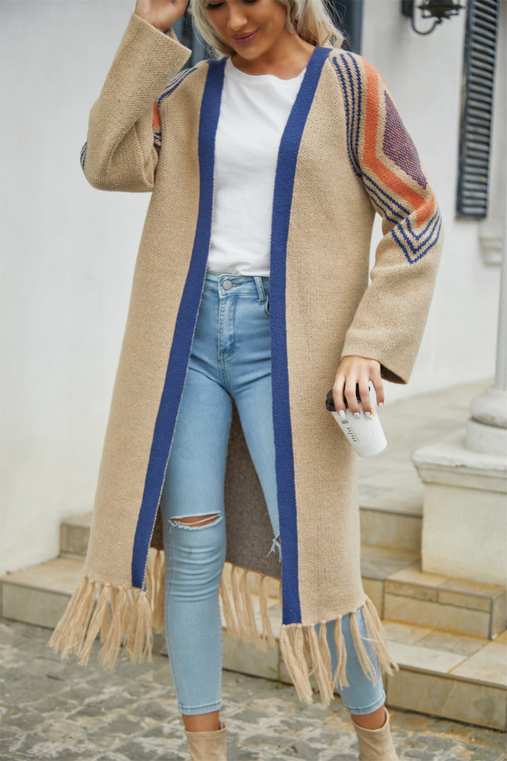 Streetwave Geometric Fringe Hem Open Front Duster Cardigan For Women Cozy Everyday Layering