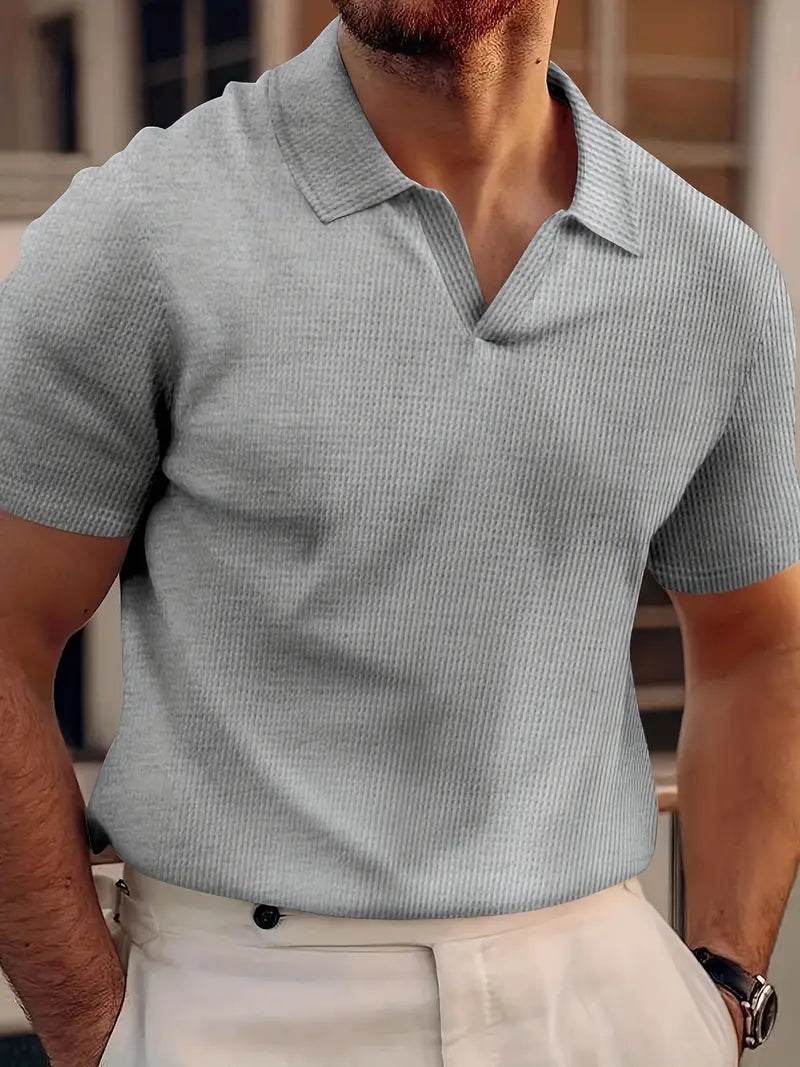 Street-Wave Ribbed Knit Polo Shirt Men Short Sleeve V-Neck All-Day Comfort