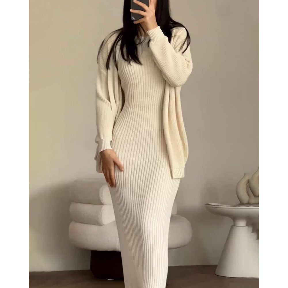 Street-Wave Two-Piece Casual Cotton Knit Set For Women Slim Fit All-Season Warmth