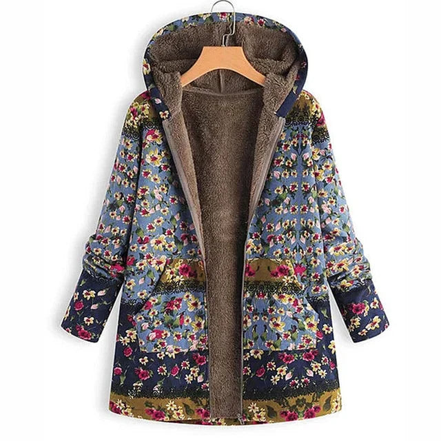 Street-Wave Must-Have Shearling Jacket For Women With Warm Fur Lining Floral Print Winter Outerwear