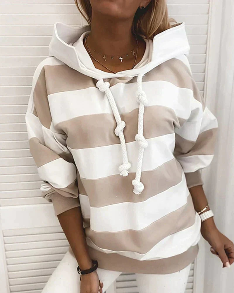Street-wave Striped Hoodie Women Cozy Fall Essential With Rope Drawstrings And Soft Casual Fit