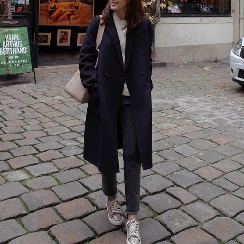 Street Wave Wool Blend Long Coat For Women Double Breasted Oversized Fit Timeless Winter Warmth