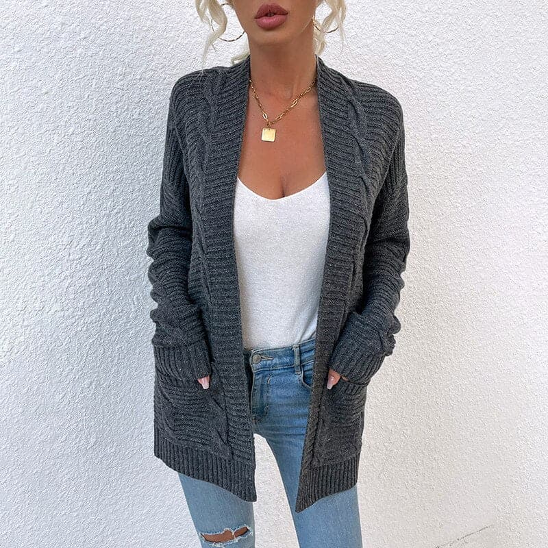 Street Wave Cable Knit Cardigan For Women Open Front With Pockets Cozy Layering Essential