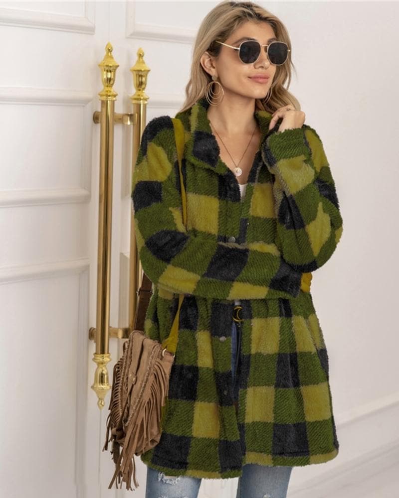 Street-Wave Plaid Coat For Women Cozy Warm Soft Oversized Fit With Button Closure