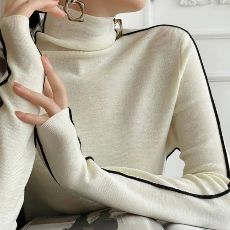 Street Wave Rollneck Pullover Warm Stylish Knit Top With White Piping Details For Fashion Lovers