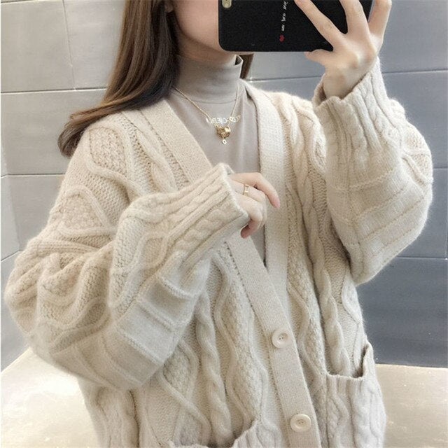 Street-wave Long Knitted Cardigan For Women Cozy Warmth With Large Pockets Stylish Knitwear
