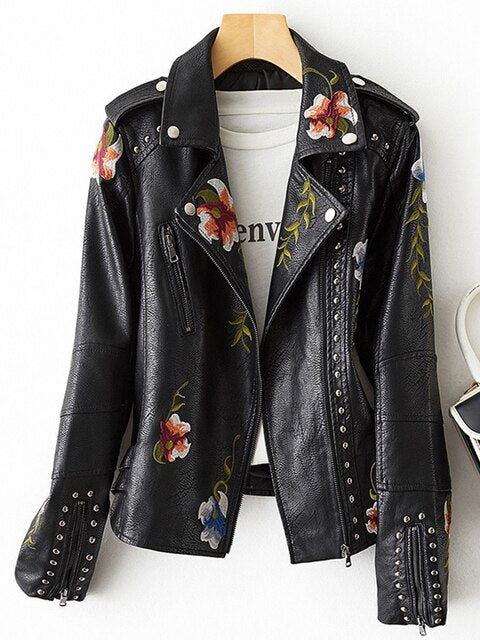 Street-Wave Floral Embroidered Leather Biker Jacket For Women Edgy Chic Confidence