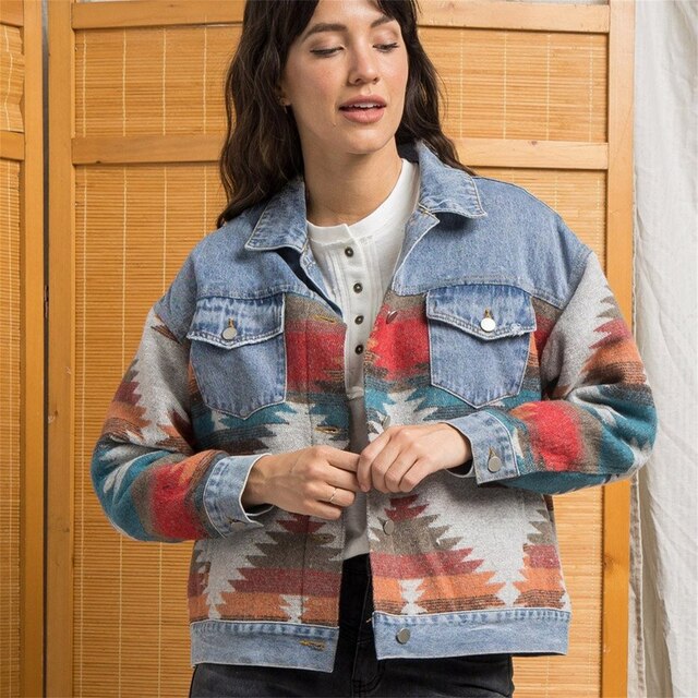 Street-Wave Aztec Denim Jacket Vintage Style Bold Geometric Print for Streetwear Fans and Trendsetters