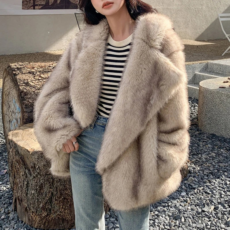 Street Wave Oversized Faux Fur Coat Wild Spectrum Fluff Fiesta for Women Soft Warm Plush Winter Jacket