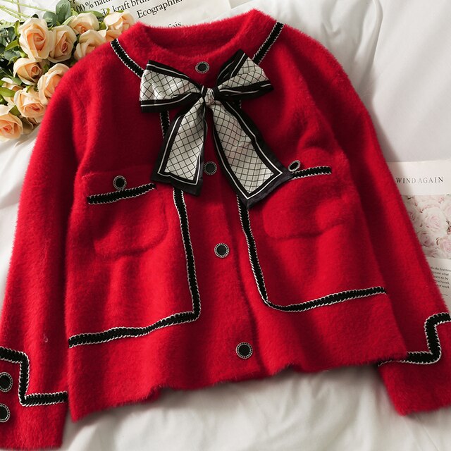 Street-wave Cozy Elegant Fuzzy Boucle Jacket With Bow Tie For Women Premium Comfort And Style