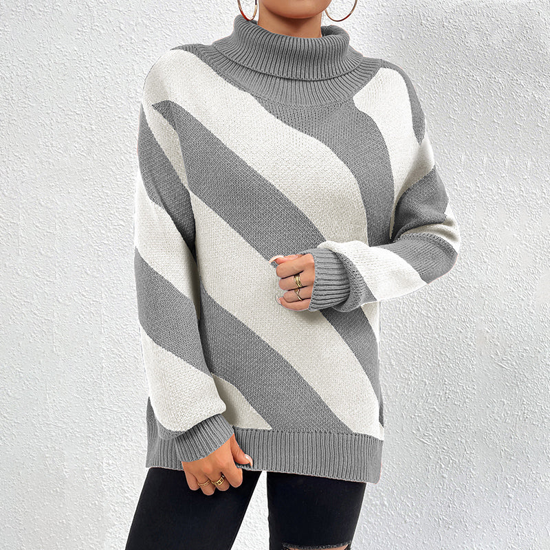 Streetwave Diagonal Stripe Knit Sweater For Women Cozy Acrylic Cotton Blend Roll Neck