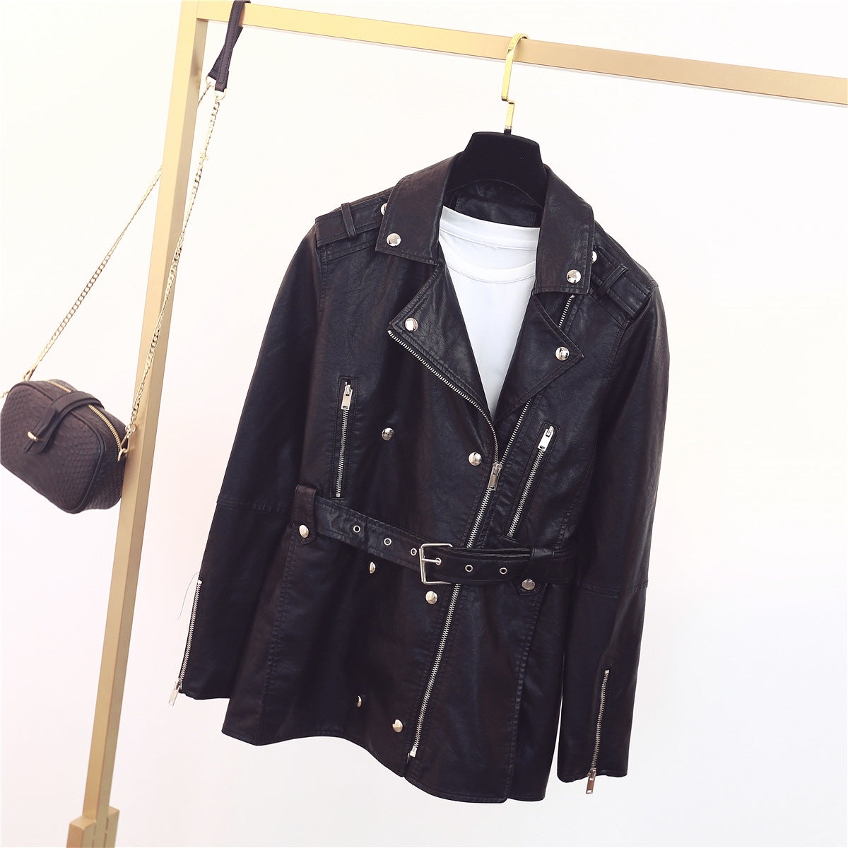 Street-wave Women Faux Leather Biker Jacket With Belt And Zipper Details For Timeless Rebel Style