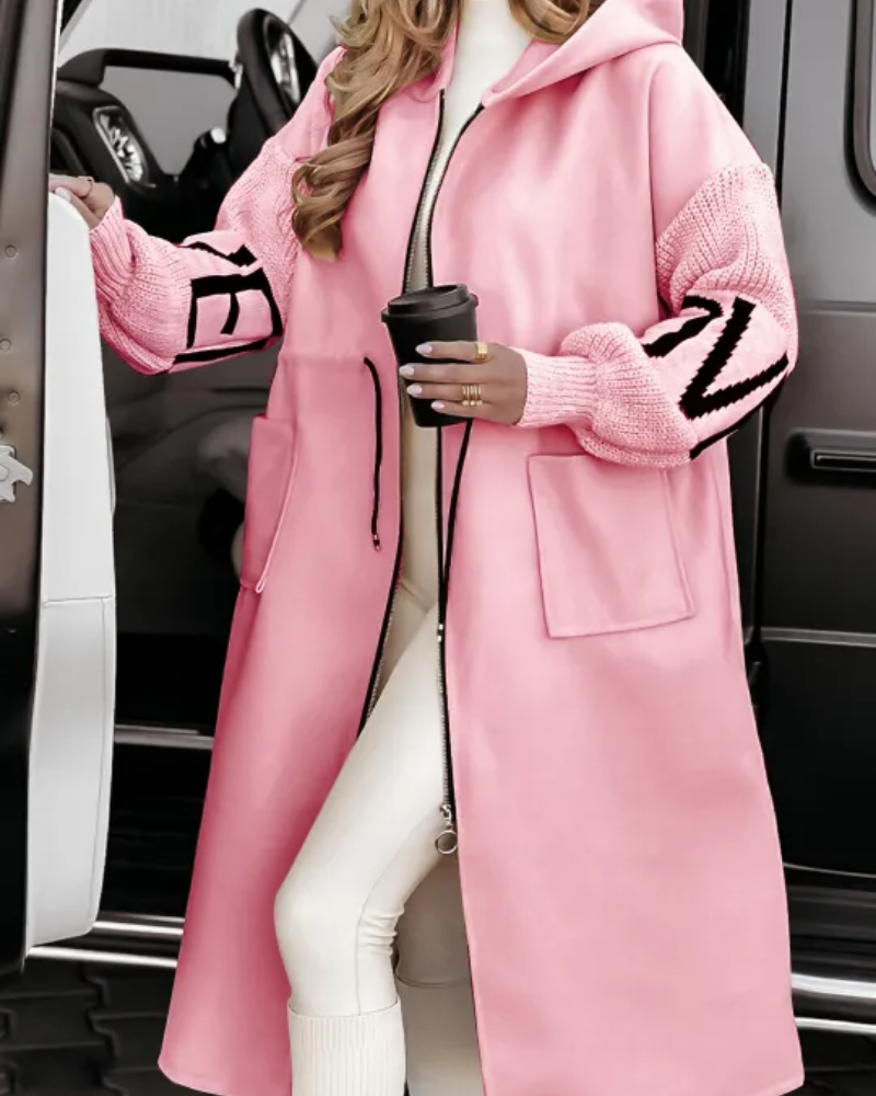 Street-wave Womens Casual Hooded Coat With Knit Sleeve Detail Cozy Chic Outerwear