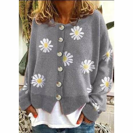 Street-Wave Daisy Print Cardigan For Women Cozy Cotton Polyester Knit With Button Closure
