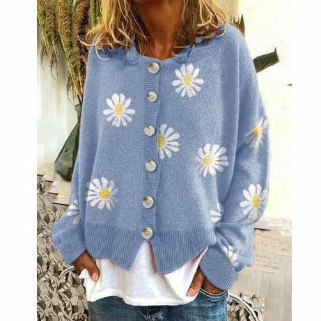 Street-Wave Daisy Print Cardigan For Women Cozy Cotton Polyester Knit With Button Closure